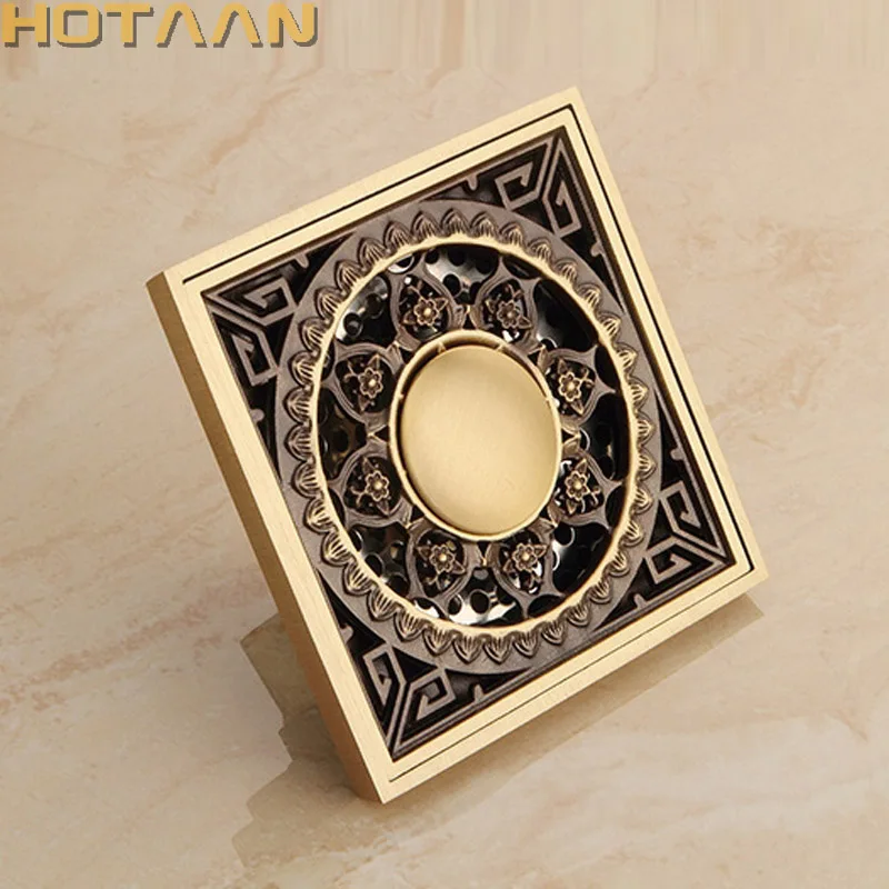 . High Quality Antique Brass Carved Flower Art Bathroom Accessory Floor Drain Waste Grate100mm*100mm YT-2101