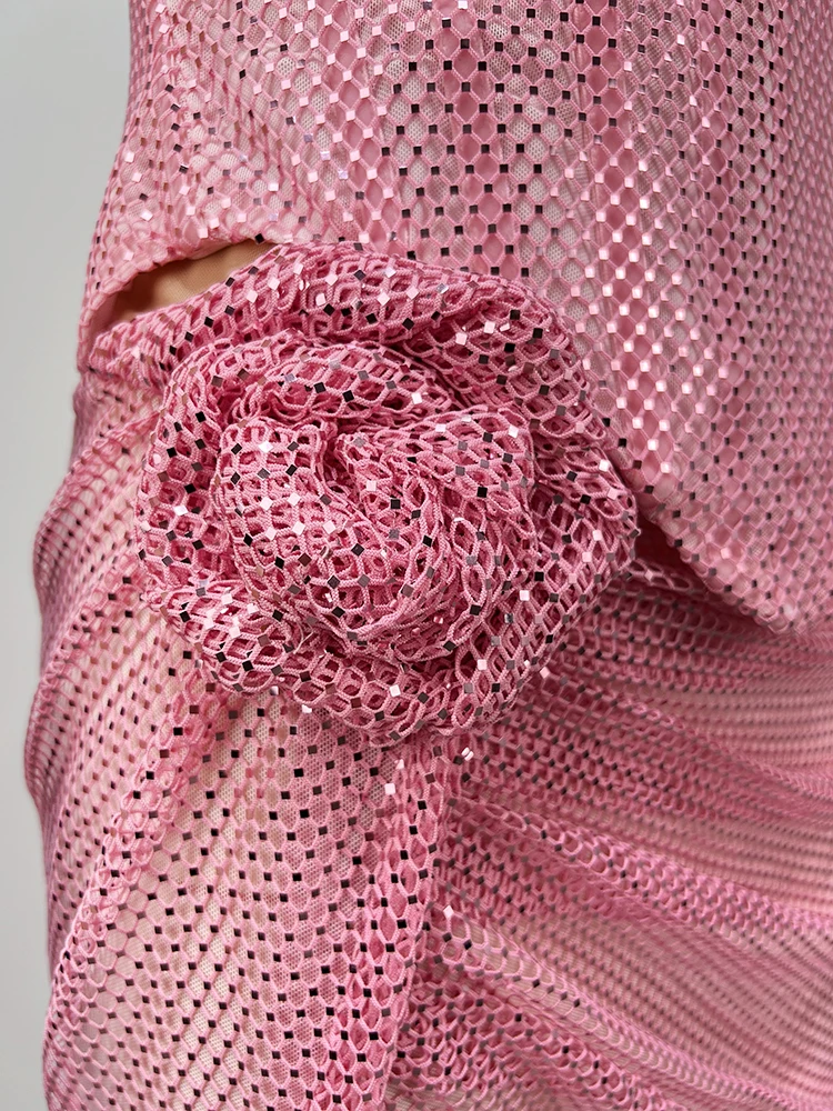 Vestidos longos de sereia com fenda alta rosa – vestido maxi drapeado com decote em V profundo e detalhe de flor 3D elegante vestido de festa de baile de casamento