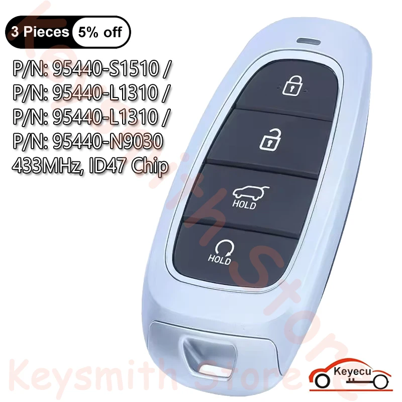

KEYECU 4B 433MHz ID47 Chip for Hyundai Santa Fe Tucson Sonata 2021 2022 Auto Smart Remote Key Fob 95440-S1510 L1310 G8010 N9030