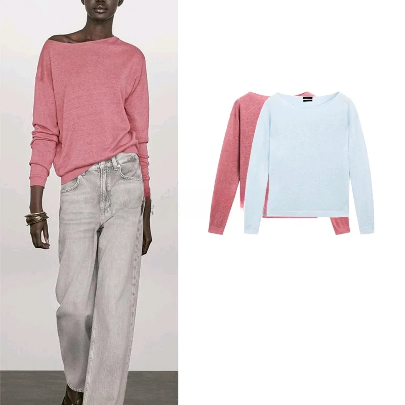 

Весенне-летний женский свободный трикотажный пуловер из легкой смесовой ткани с вырезом-лодочкой и длинными рукавами, полиэстер