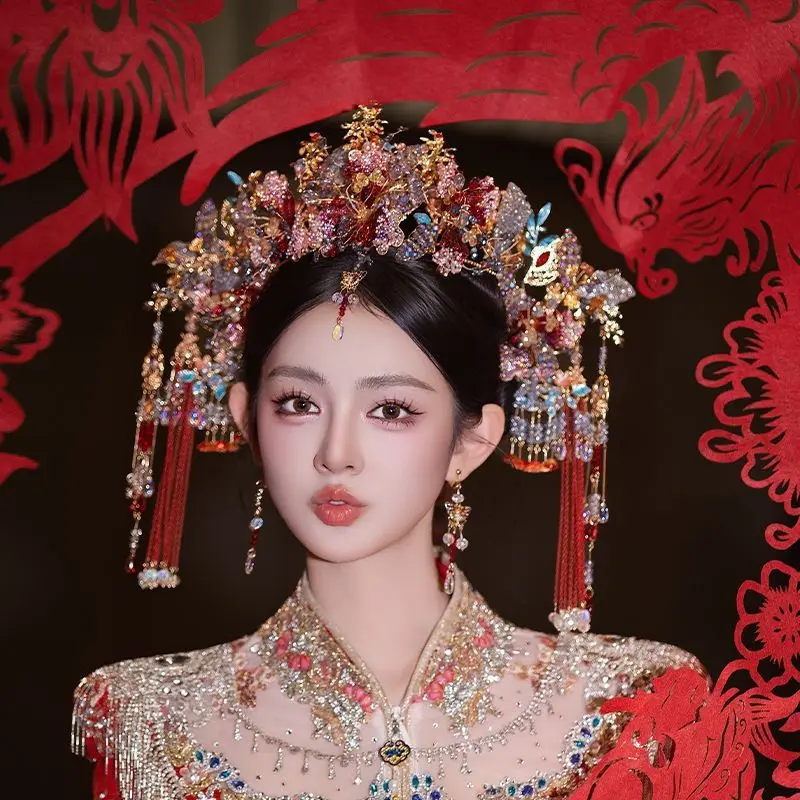 Bridal Luxury Chinese Wedding Headwear Ancient Heavy Workmanship Butterfly Forehead Pendant Phoenix Tassel Accessories Hair Set