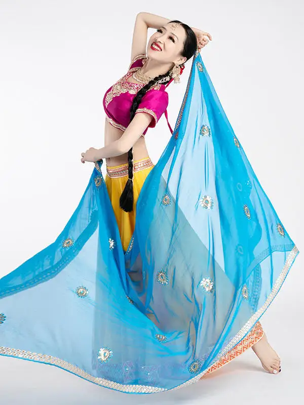 Indian Dance Costume Short Top Skirt Embroidery Suit Bollywood Dance Saree Suit Oriental Dance For Women Short Sleeve DQL12971
