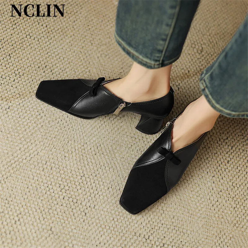 2024 Autumn Women Loafers Genuine Leather Square Toe Chunky Heel Shoes Winter Women Pumps Shoes For Women Handmade Zaptos Mujer