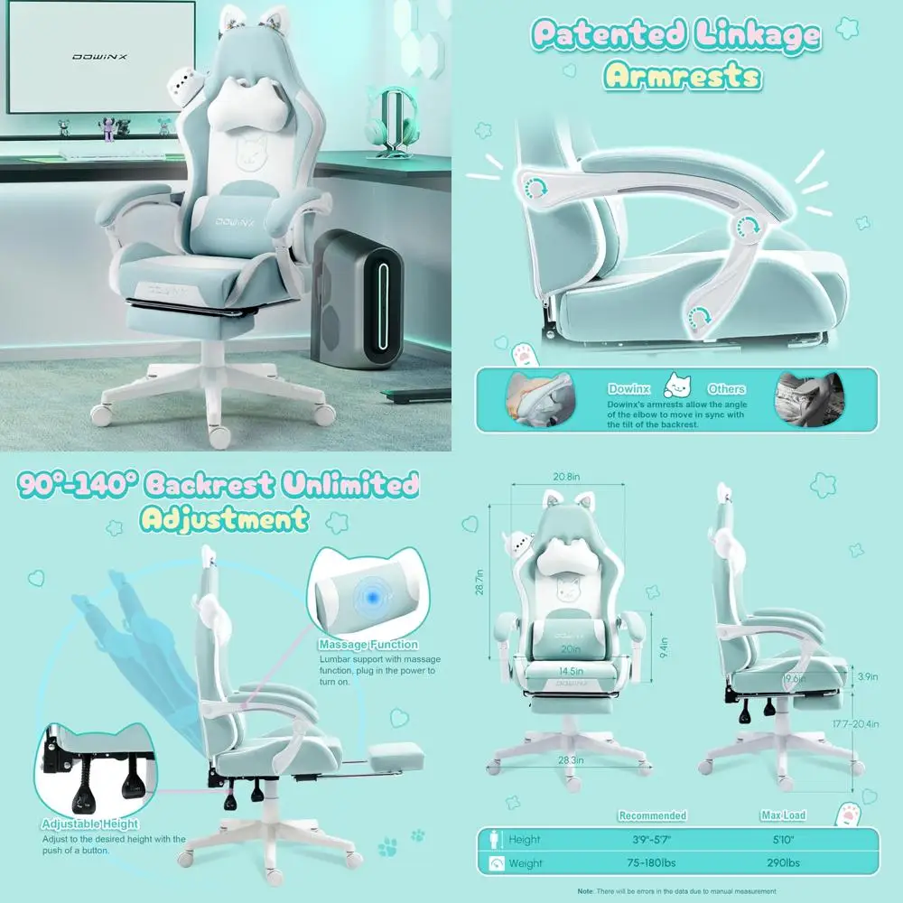 

Ergonomic Gaming Chair with Cat Ears, Massage Lumbar Support, and Footrest for Girls