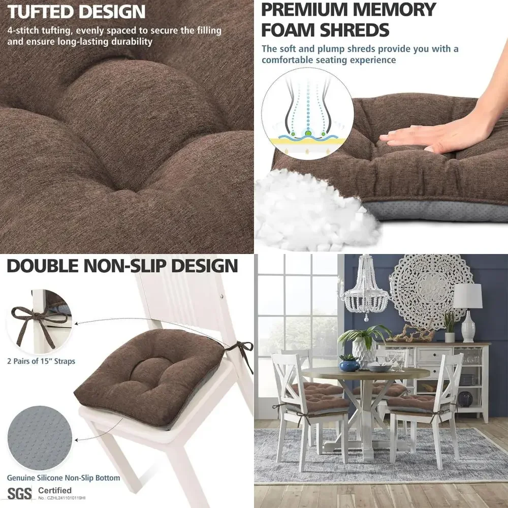 

Набор из 6 коричневых подушек для стульев из пены с эффектом памяти с ремнями, нескользящим дном, 16,5x15,5x3 дюйма