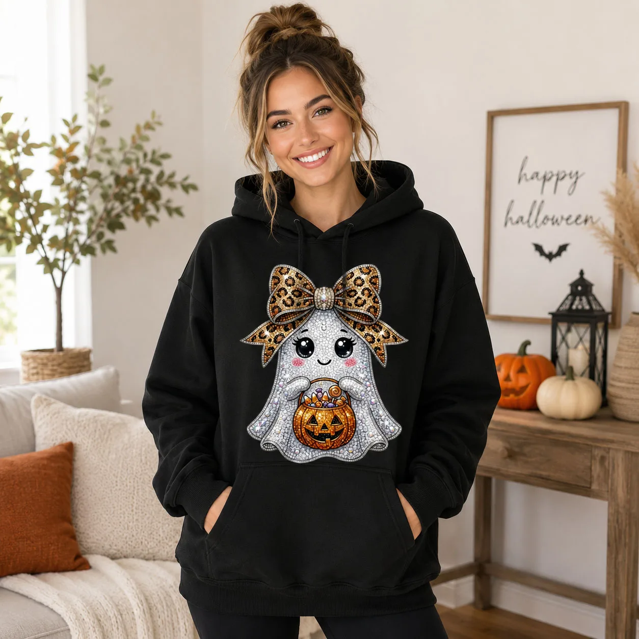 Spooky Season Hoodie Women Cute Ghost Sweatshirt Rhinestone Pumpkin Graphic Pullover Cozy Fall Winter Casual Tops Halloween Gift