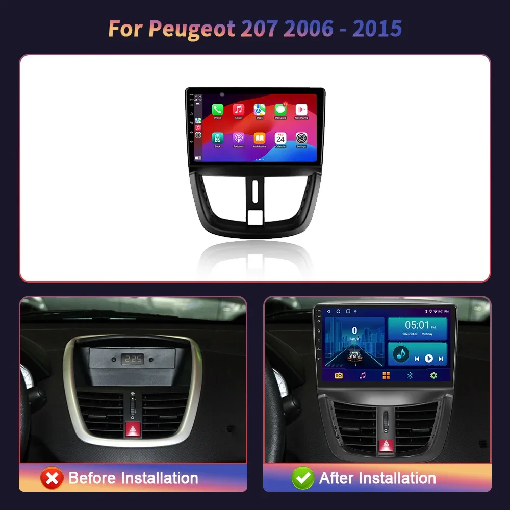 For Peugeot 207 2006-2015 Android 14 Carplay Navigation GPS Wireless Auto Car radio Touch Screen Stereo Radio Multimedia 4G WIFI