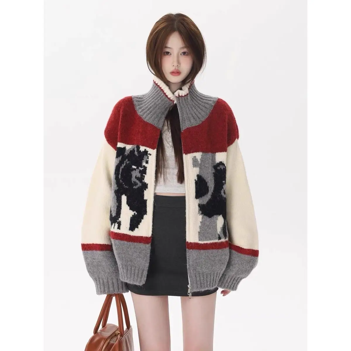

Cartoon Pattern Zipper Design Knitted Sweater Women's Long Sleeve Thin Coat Christmas Style Female Casual Knitted Tops