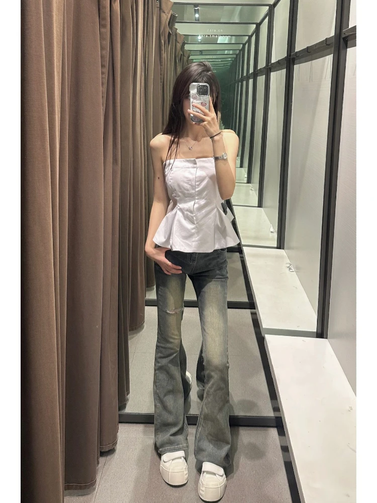 

High Waist Bell Bottom Jeans Women's Stretchy Floor Length Elastic Ripped Washed High Street Style Slimming Deep Color Denim