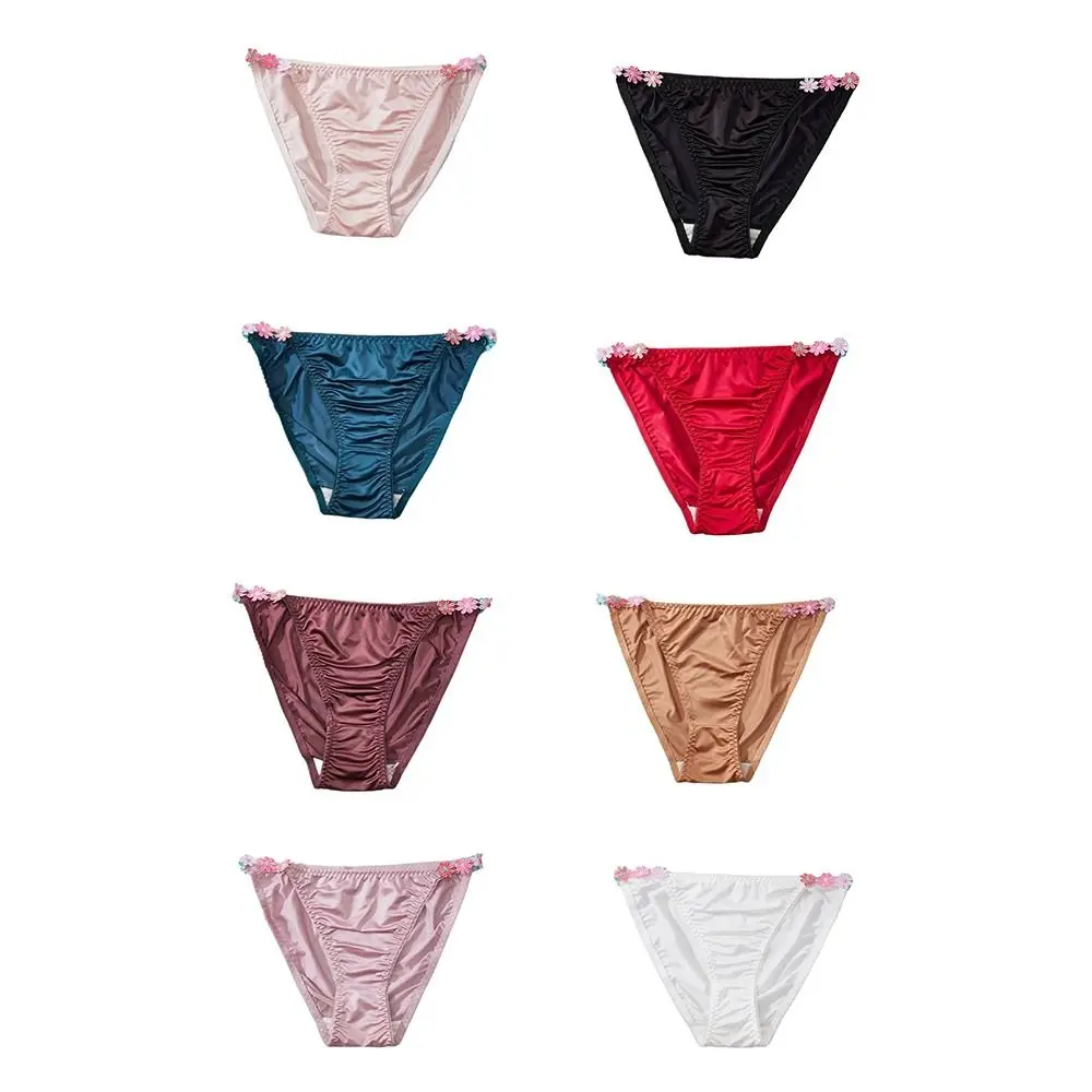 Stretch Low Waist Satin Silk Briefs Cotton Crotch Breathable Floral Panties Underpants Women's Underwear Gifts