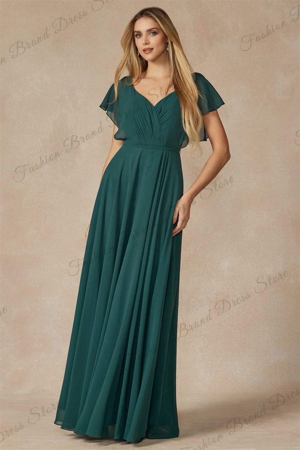 Chiffon Off-the-shoulder V-neck Bridesmaid Dress for Wedding Corset Short Sleeves Formal Evening Gowns A-line Long Prom Gowns