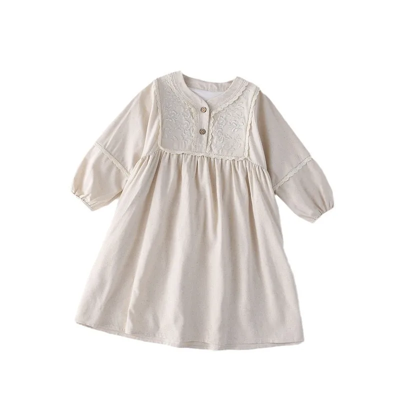 2026 New Spring Girls Vintage French Long Sleeve Dress, Simple Lace Trim Sweet Kids Baby Skirt for 90-130cm