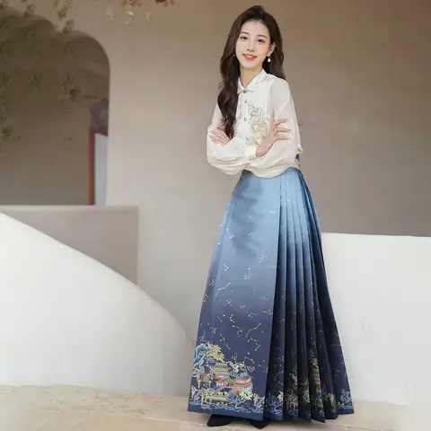 Women Embroidered Woven Horse Face Skirt Hanfu Original Chinese Ming Dynasty Traditional Dress  Skirt Daily Horse Face Skirt Set