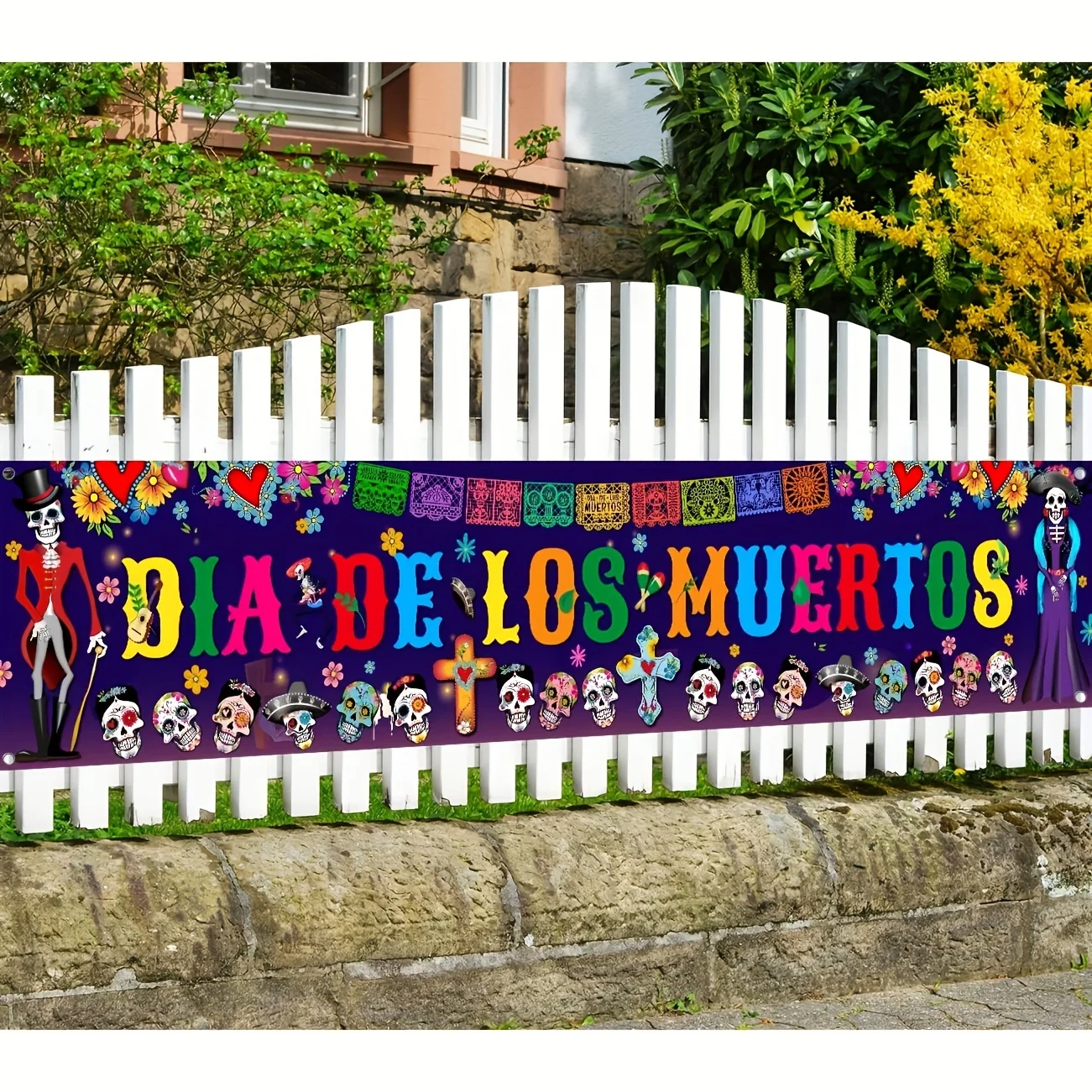 Day of The Dead Fence Banner Dia De Los Muertos Sugar Skull Mexican Holiday Photo Booth Backdrop Outdoor Decoration