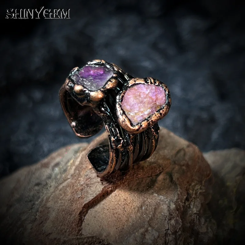 

SHINYGEM Amethyst Red Stone Raw Stone Handmade Welding Electroplating Bronze Color Open Ring Gothic Ladies Party Gift