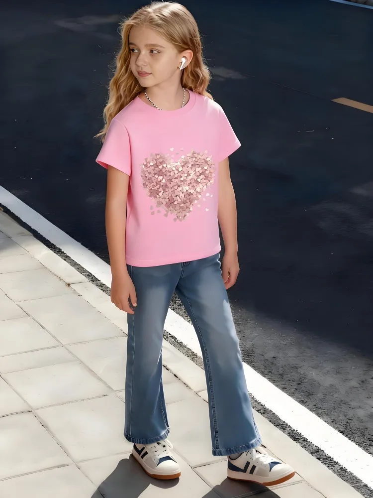 ​ T-Shirt en coton pour enfants, motif de cœurs roses dégradés en forme de cœur, pour garçons et filles, romantique, doux, usage quotidien ​