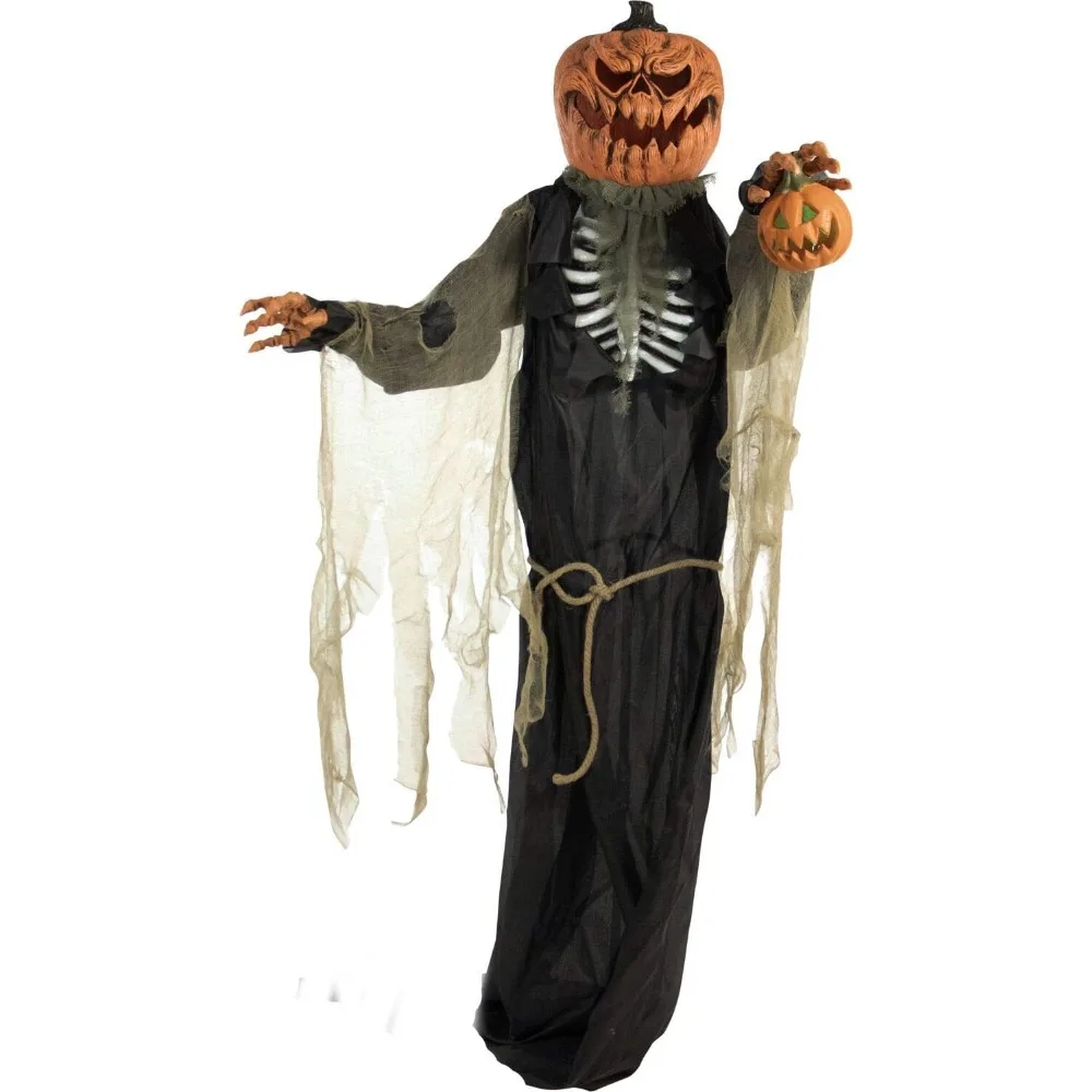 

Life-Size Poseable Scary Talking Pumpkin Man, Battery-Operated Indoor or Covered Outdoor Halloween Decoration Freight free