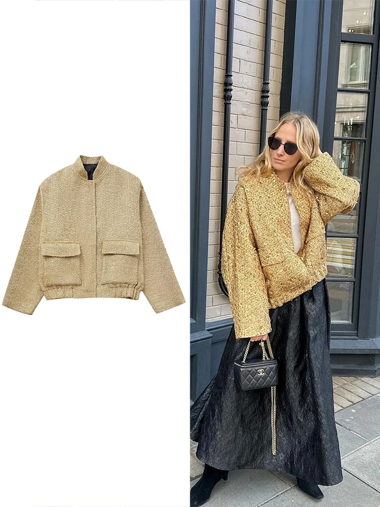 TRAFZA Women\'s Fashion Pocket Short Jacket Trendy Street Sequins Woven Loose Jacket Gold Stand Collar Long Sleeve Jacket