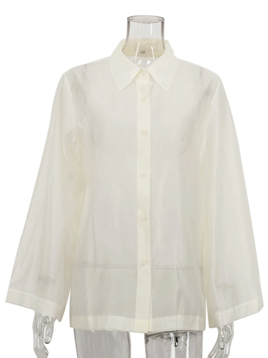 Camicette a maniche lunghe trasparenti solide Camicette da donna con colletto couverture Camicia monopetto Top Estate Nuova camicetta semplice moda casual