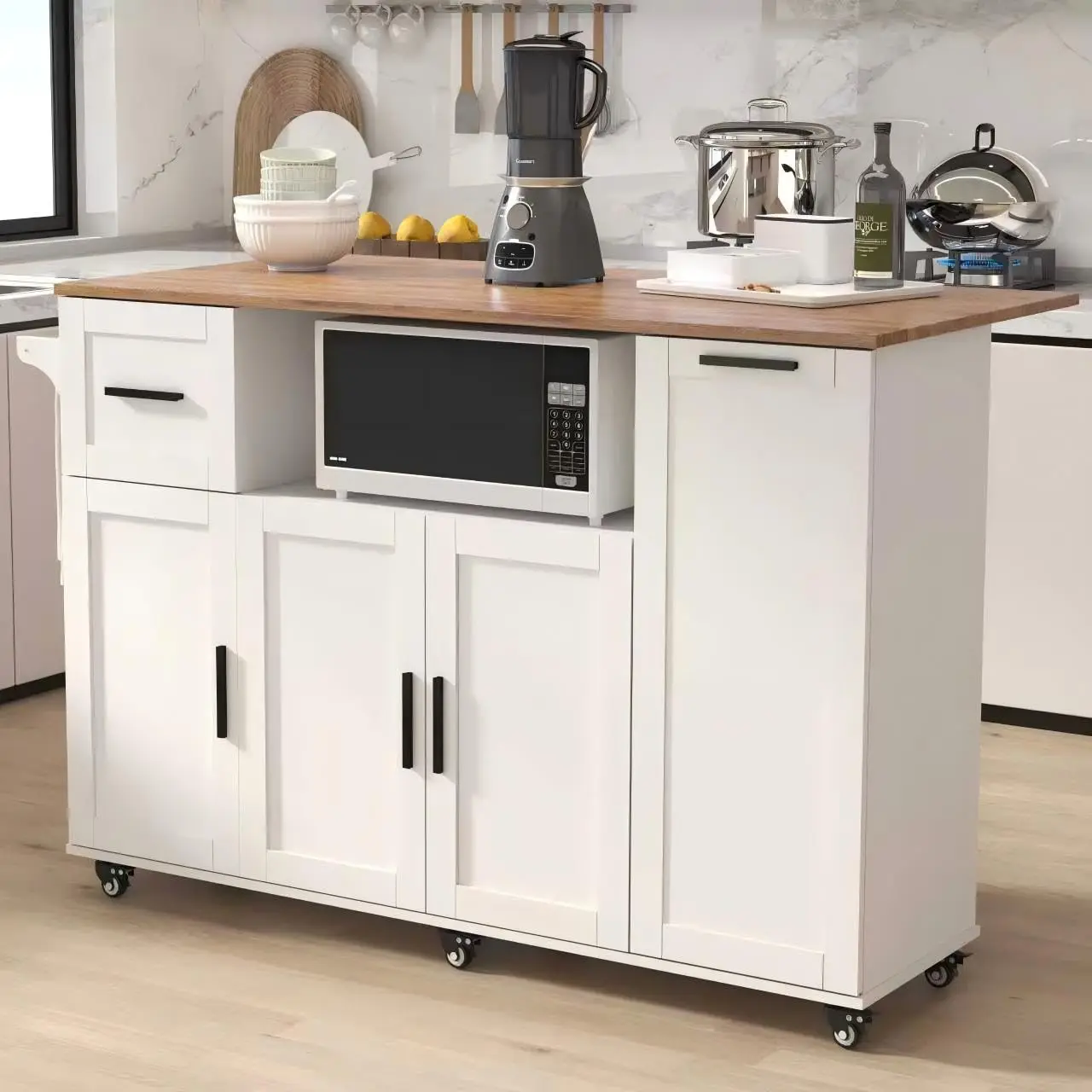 59inch Kitchen Storage Island with Drop Leaf,Rolling Mobile Island Cart on Wheels with Cabinets,Trash Bin Storage and Drawer,Ext