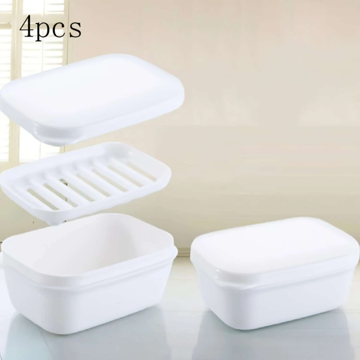 4pcs Plastic Rectangular Soap Case With Lid, Portable Leak-Proof Soap Dish Box, Travel Camping Gym Draining Soap Holder, White S