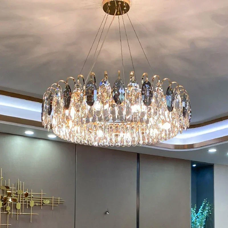 

Luxury Clear&Grey Crystal Simple Chandelier Led Post Modern Round Hanging Light For Living Room Bedroom Model Dinning Room