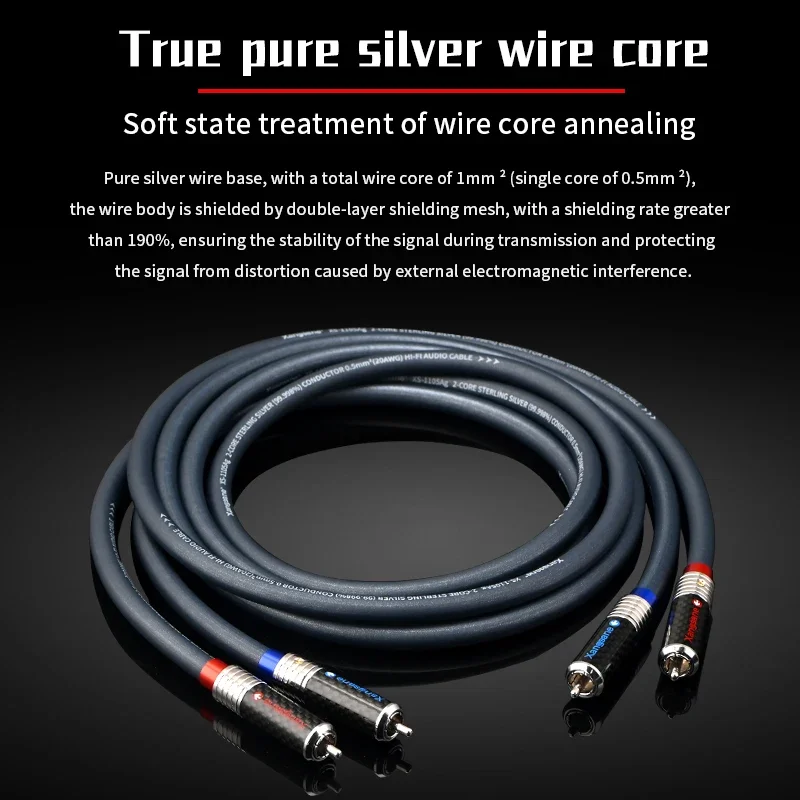 Xangsane-cable hifi rca 4N, Plata de Ley, 1mm, 2 núcleos, amplificador de potencia, tarjeta de sonido, cable de conexión decodificación, enchufe hifirca