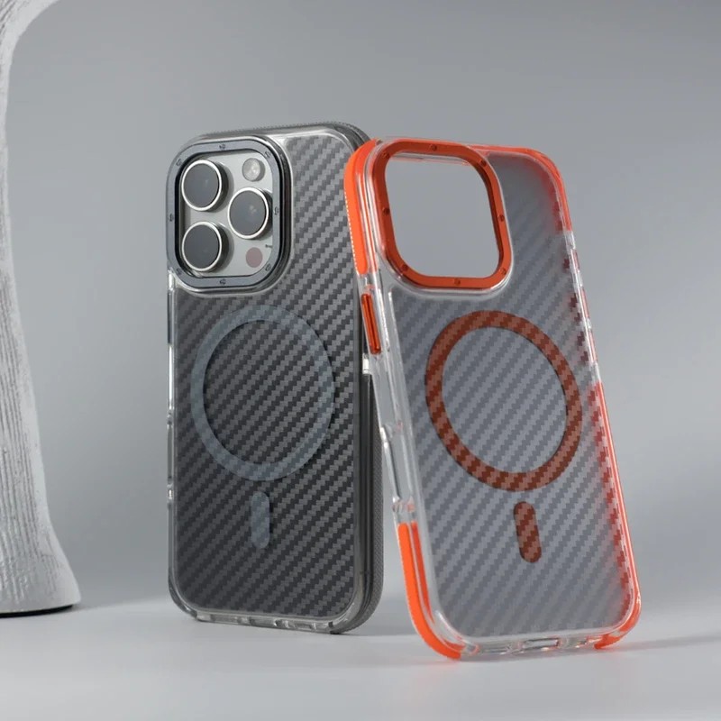 Funda de teléfono MagSafe con textura de fibra de carbono y lente metálica para iPhone 17 16 Promax 15 14 Pro 13 11 12, cubierta de armadura dura con carga inalámbrica
