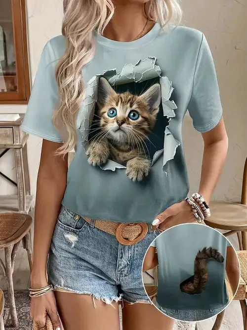 Summer Cute Kitten T-Shirts Kawaii Cat 3D Print Women's Round-Neck Short Sleeve T Shirt Harajuku Tees Y2k Tops Female Clothing