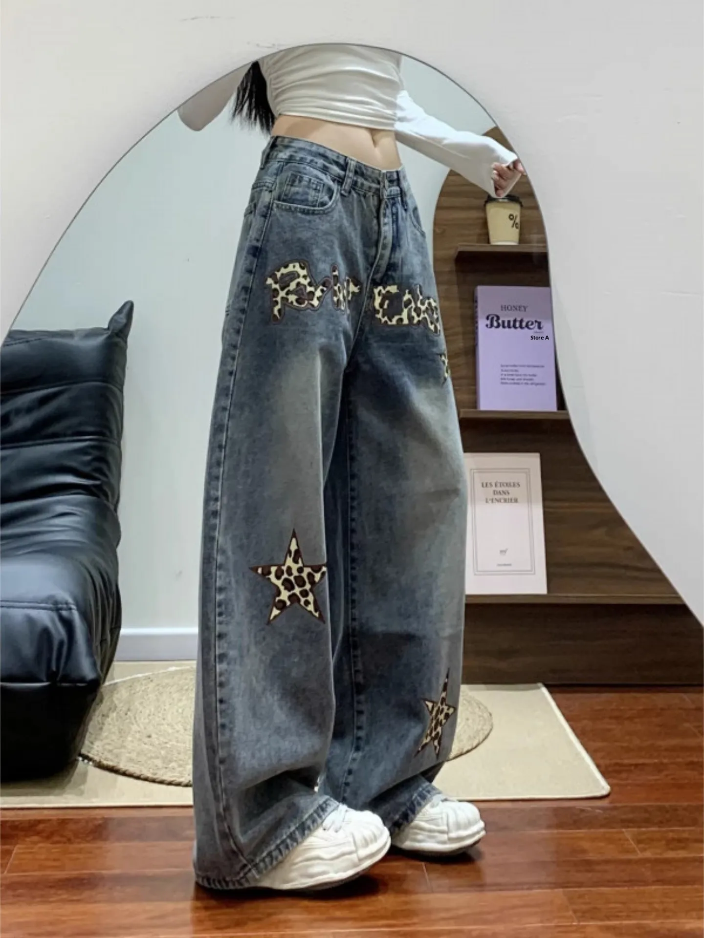 

Американские джинсы прямого кроя, мужские брюки-шаровары в стиле хип-хоп с принтом леопарда, звезд, луны и ножей, повседневная одежда для подростков и взрослых