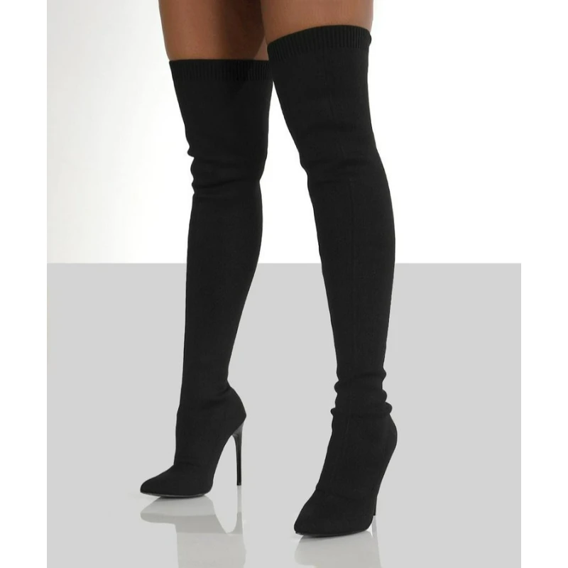 Overknee-Stiefel für Damen aus Stretchmaterial mit Hohen Absätzen, Slip-on Schuhe, Sexy Party-Stiefel mit Spitzer Zehenpartie, Lange Socken-Stiefel, Botas Feminina