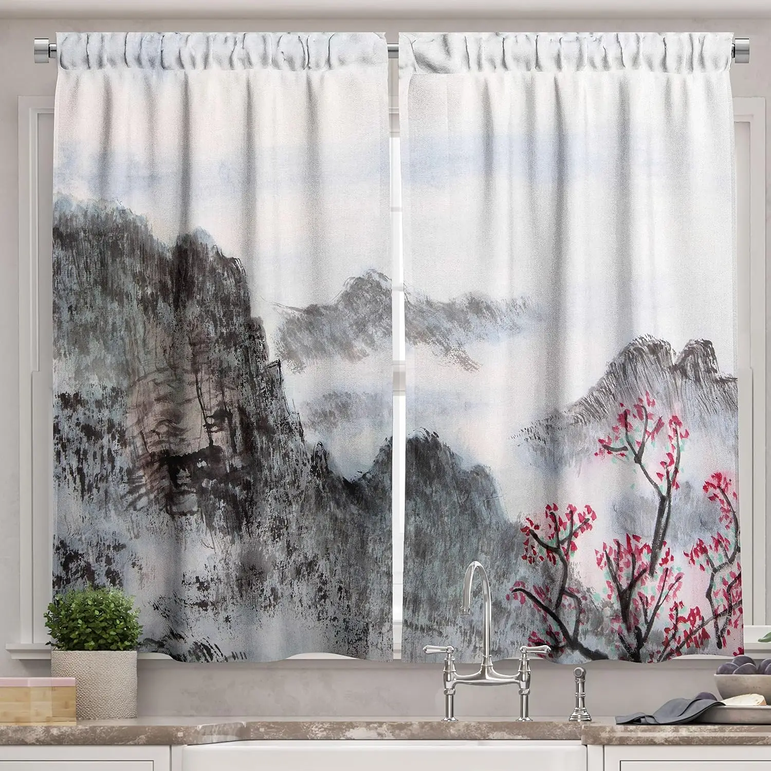 Asian Kitchen Curtains, Traditional Chinese Painting Landscape Sakura Cherry Tree Cloudy Mountains, Window Drapes 2 Panel Set