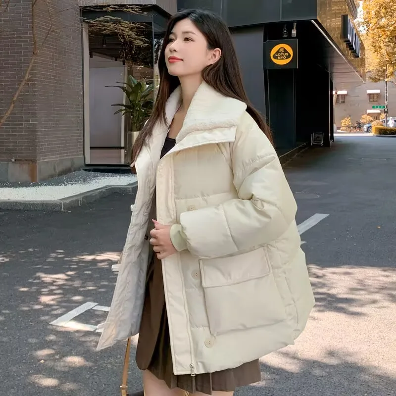 2023 New Women Winter Thicken Lamb Wool Warm Casual Parkas Solid Color Big Pocket Lapel Jackets Fashion Loose Large Size Outwear
