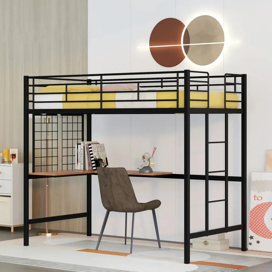 Twin Metal Loft Bed with Desk and Metal Grid Black