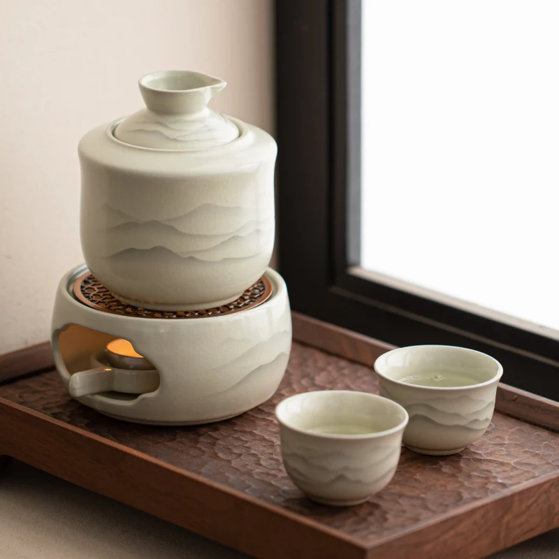 Blue White Ceramic Sake Warmer Set Ru Kiln Style Sake Carafe with Cups Japanese Wine Warmer Drinkware for Home Bar