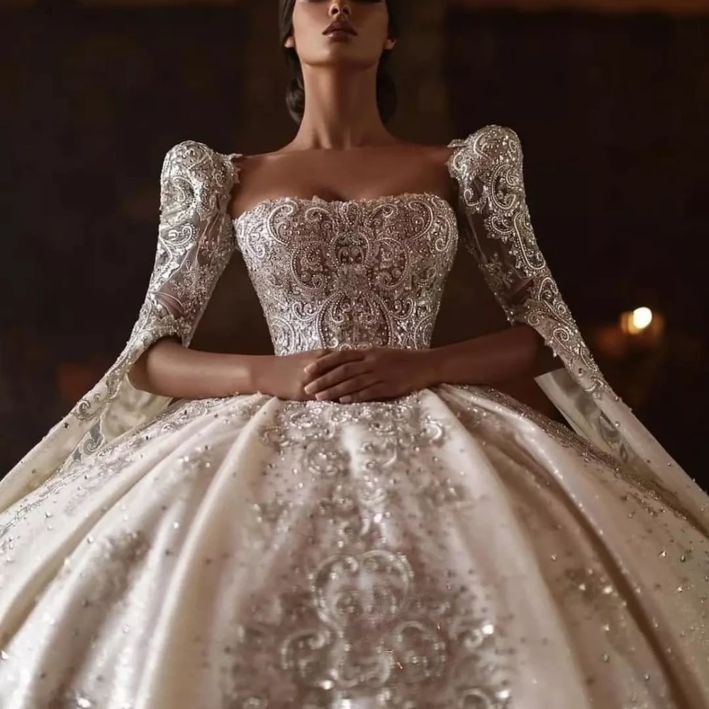 

Richly Crystals Ball Gown Dazzling Wedding Dress Customized Exclusive Strapless Beading Long Sleeves Women Prom Gown Formal