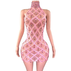 Sparkly Pink Rhinestones Short Dress for Women Sexy Sleeveless Mesh Transparent Evening Prom Birthday Dress Singer Stage Wear