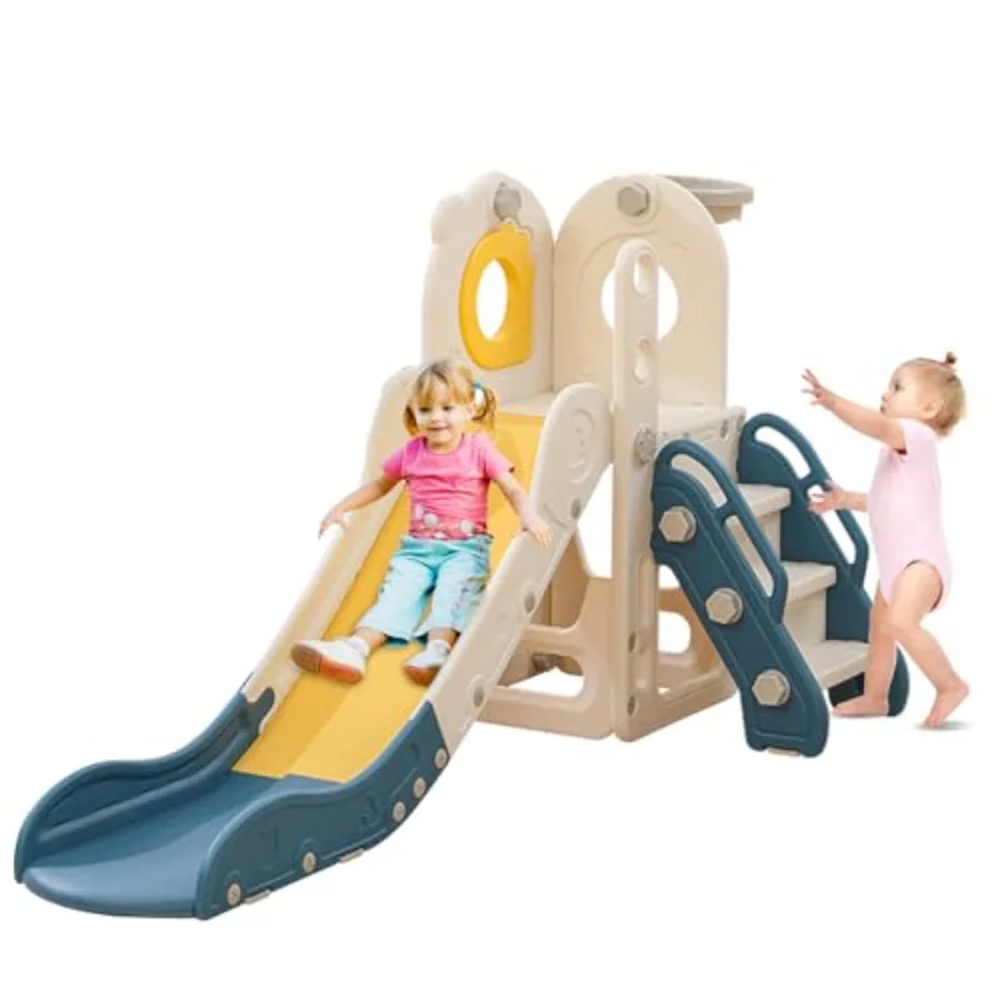 

Freestanding Toddler Slide 5 in 1 Indoor Playset for Toddlers 1-3 L Shaped Slide with Basketball Hoop Baby Climber for Indoor O