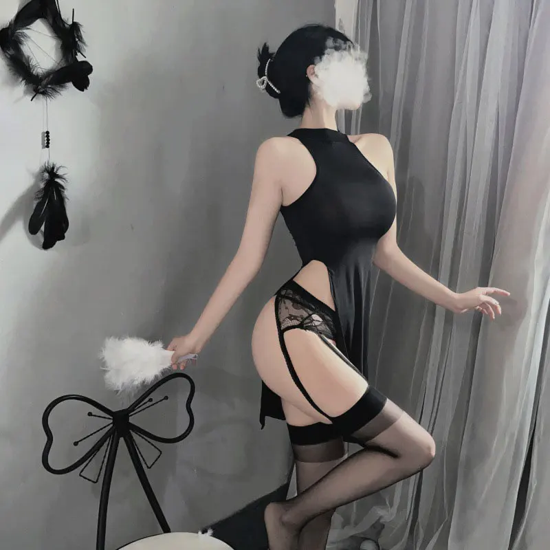 Vent-Lencería Sexy calada para mujer, delantal francés, vestido de sirvienta, uniforme de monja, Cosplay, juego de rol, disfraces sexuales, picardías, vestido de encaje