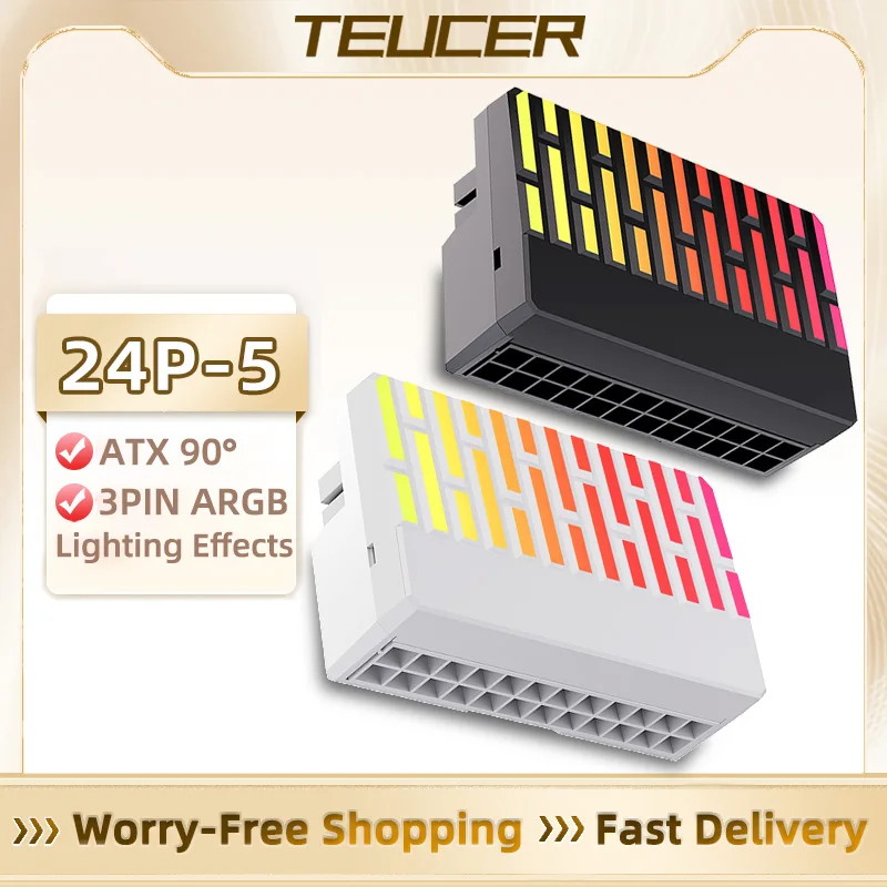 TEUCER 24P-5 ATX 24Pin 90 Degree Power Plug Adapter 5V 3 Pin ARGB Power Connector Aura Sync for Desktop PC Power Supply