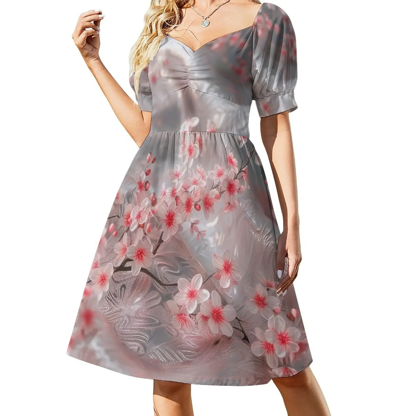 

White satin texture and cherry blossoms Short-Sleeved Dress luxury woman evening dress Women's long dress