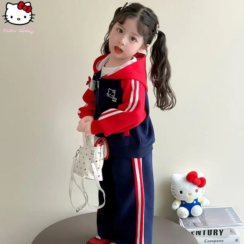 

Kawaii Girl аниме Hello Kitty кардиган с капюшоном брюки костюм мультфильм новая куртка Sanrio весна осень бейсбольная форма прямые брюки