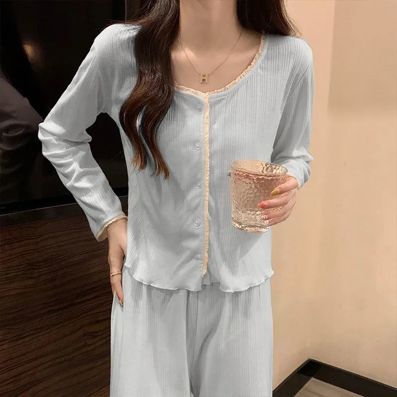 

Simple Floral Women's Pajamas Sets Spring Autumn Long Sleeve Sleepwear Slim Pure Desire Lace Trim Pajama Two Piece Trousers Sets