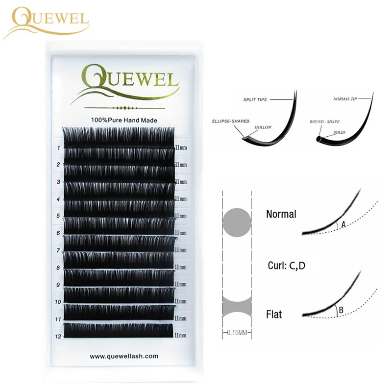 Quewel Ellipse Flat Eyelash Split Tips Silk Eye Lash Extension Natural False Eyelashes Matte Black Lashes Light Faux Cils