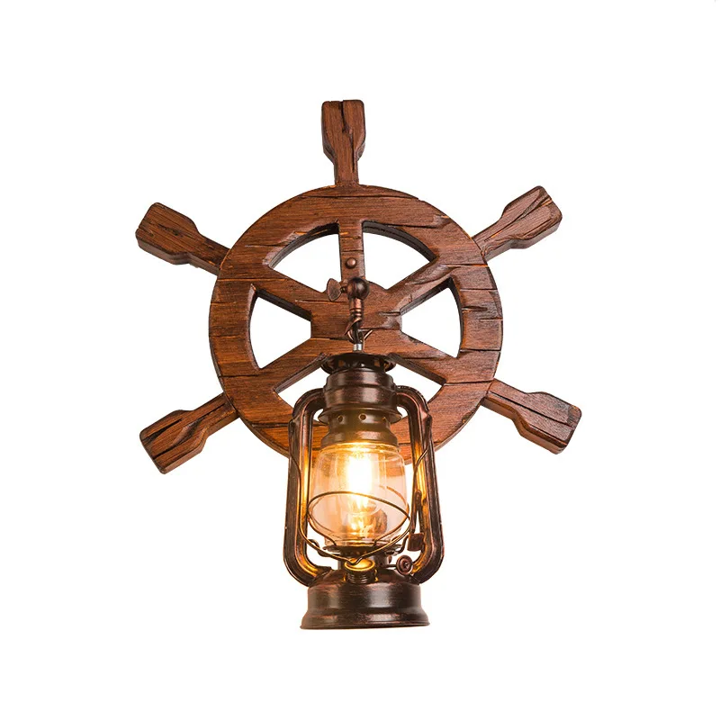 

American retro wall lamp, cafe restaurant boat wood decorative wall lamp