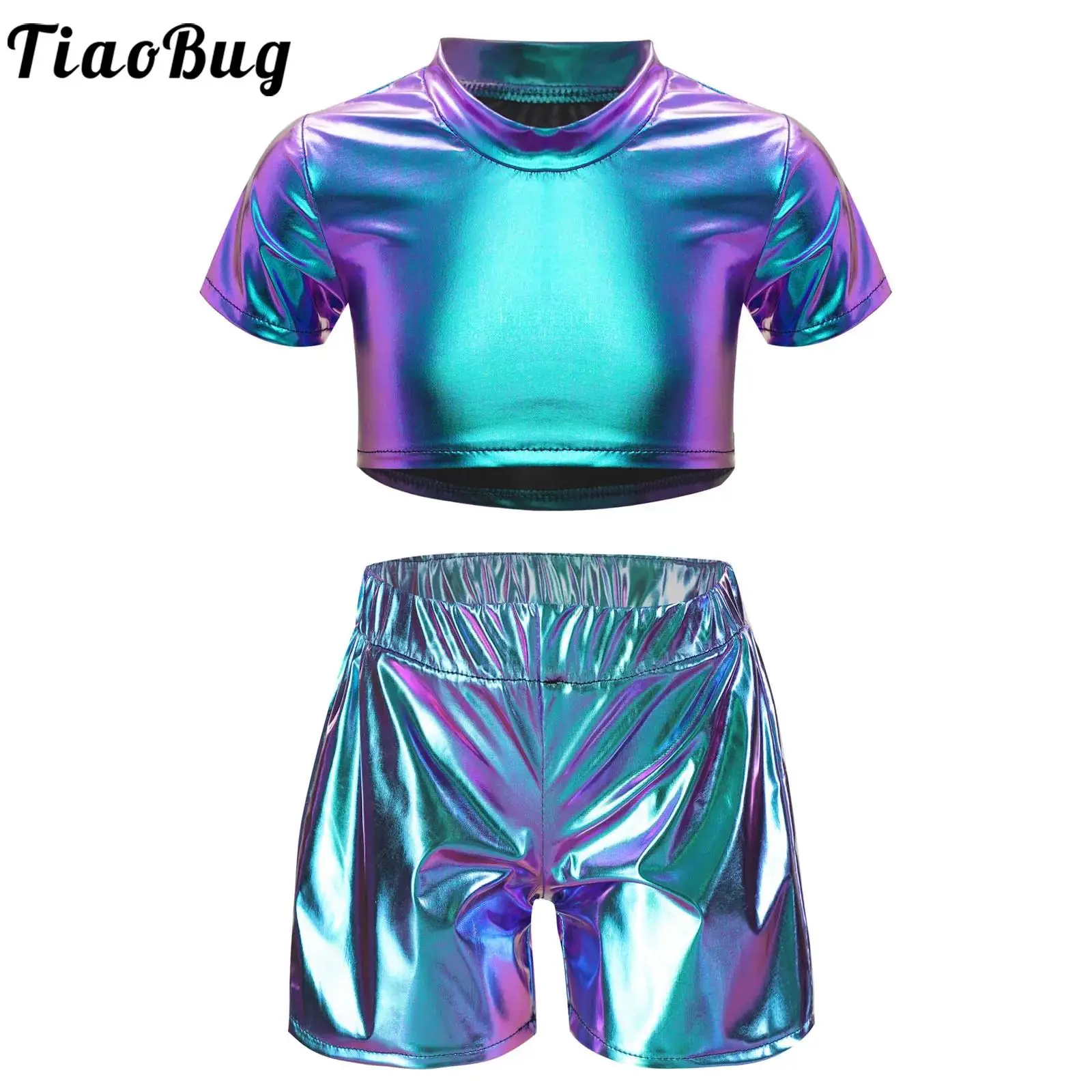 

Kids Girls Metallic Clothes Shiny Short Sleeve Crop T-shirt Tops Shorts for Jazz Hip Hop School Cheerleading Dance Performance