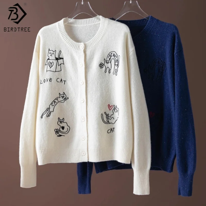 

Birdtree,100% Sheep Wool Knitted Cardigan,Woman Embroidery Falled Sleeve Sweaters,2025 Fall/Winter Tops,Blue,White T5O822JF