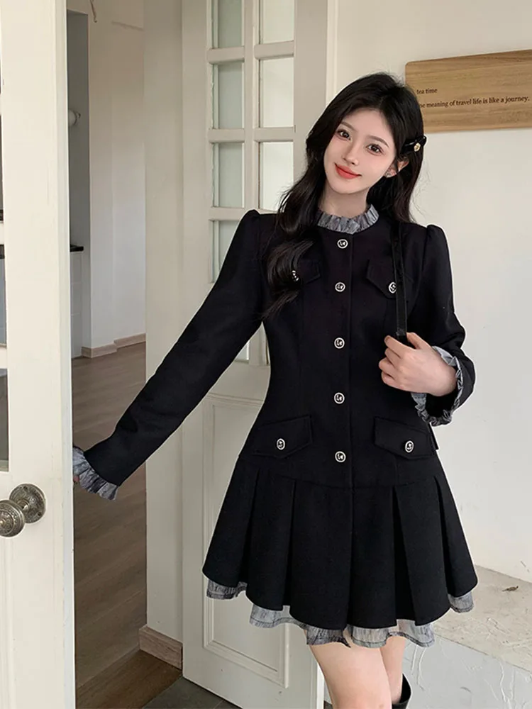 Formal Occasion Black Turtleneck A-Line Dress Japanese Fashion Luxury One-Piece Frocks Office Lady Streetwear Gothic Coquette