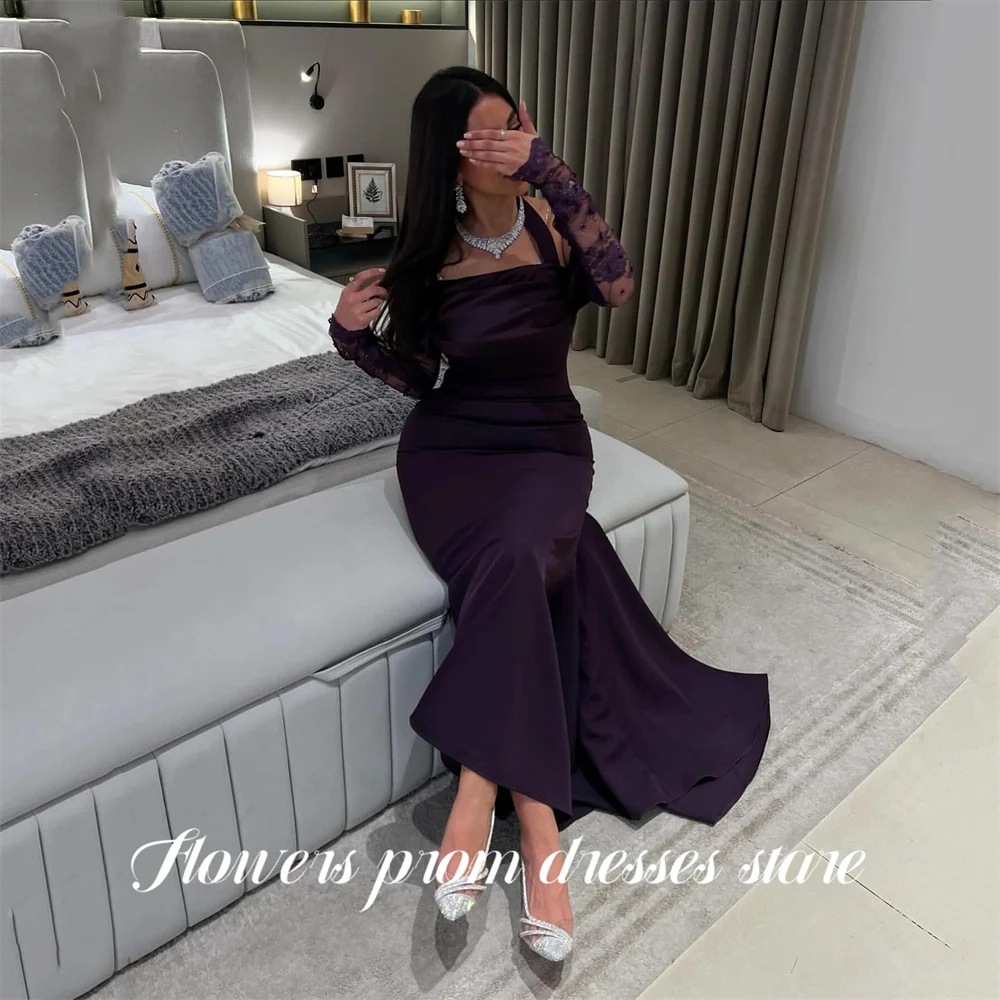 فساتين حفلة موسيقية أرجوانية مثيرة على شكل زهور بدون أكتاف فساتين حفلات حورية البحر من الساتان السعودي بطول الأرض للحفلات المسائية حسب الطلب