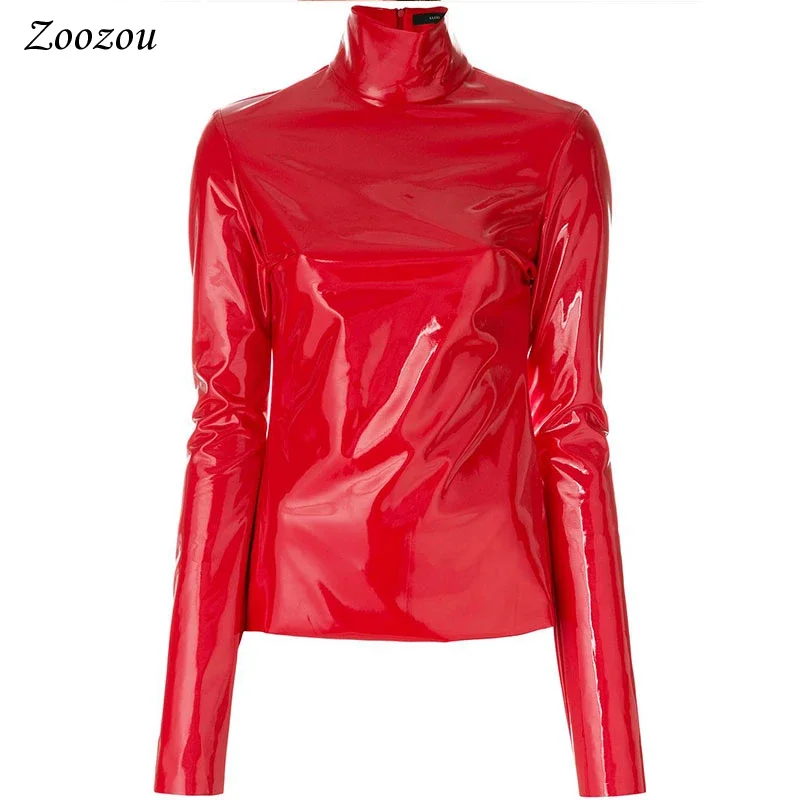 Women Shiny Faxu Leather Plus Size Turtleneck Tops Ladies Glossy Zipper PVC Pullover Black Red PU Leather 4XL 5XL 6XL Clothes